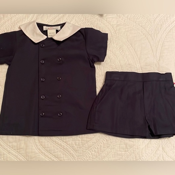 Jack & Teddy two piece short set Navy and white linen short set elegant 24M - Picture 2 of 5